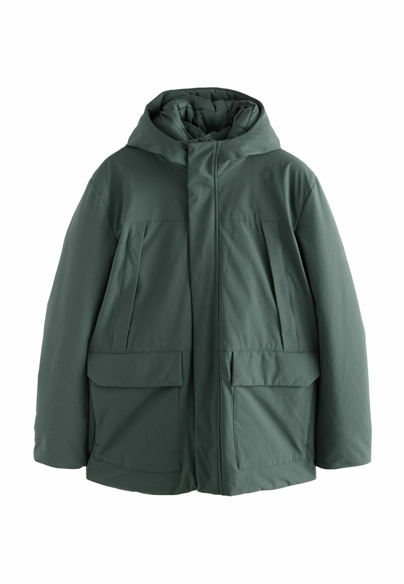 Groene geïsoleerde jas met een capuchon, voorzien van twee voorkwetsen, een ritssluiting en een gladde, matte afwerking.