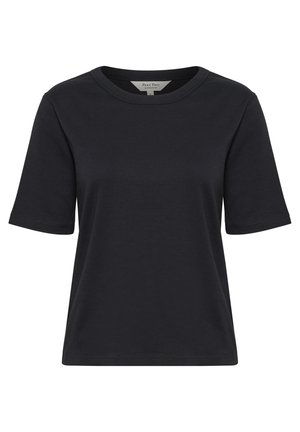 Black t-shirt made of cotton with a crew neck, short sleeves, and a relaxed fit. Smooth texture and no visible patterns or hardware.