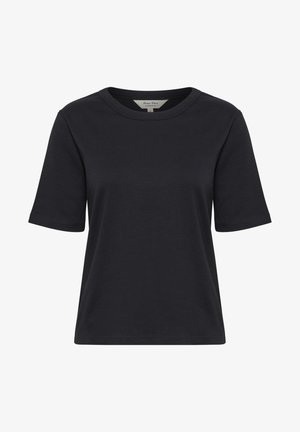 T-shirt nera in cotone con scollo rotondo, maniche corte e vestibilità rilassata. Tessuto liscio e senza motivi o accessori visibili.