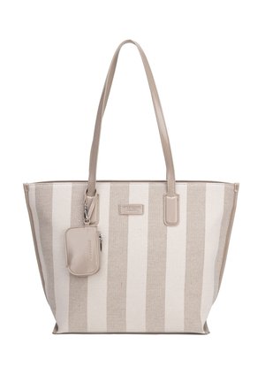 Borsa tote beige e bianca a righe verticali con due manici lunghi e una piccola pochette con cerniera attaccata.