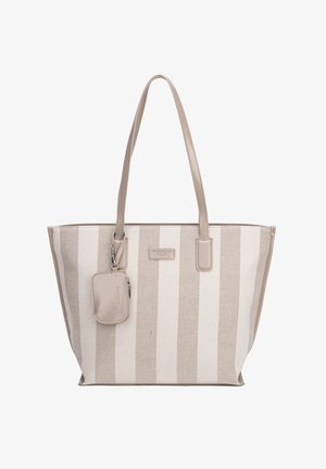 Beige en wit gestreepte verticale totebag met twee lange handvatten en een kleine, eraan bevestigde ritszak.
