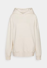 Sweat à capuche couleur crème avec une grande poche avant, des poignets côtelés et une capuche classique à cordon. Tissu doux avec une coupe décontractée.