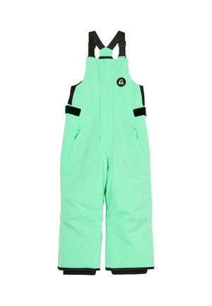 Mint green insulated snow bib with black adjustable shoulder straps and zippered side pockets.