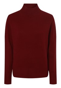 Pull col roulé bordeaux en tissu tricoté doux. Il présente un col et des poignets côtelés, avec une coupe décontractée et un design uni.