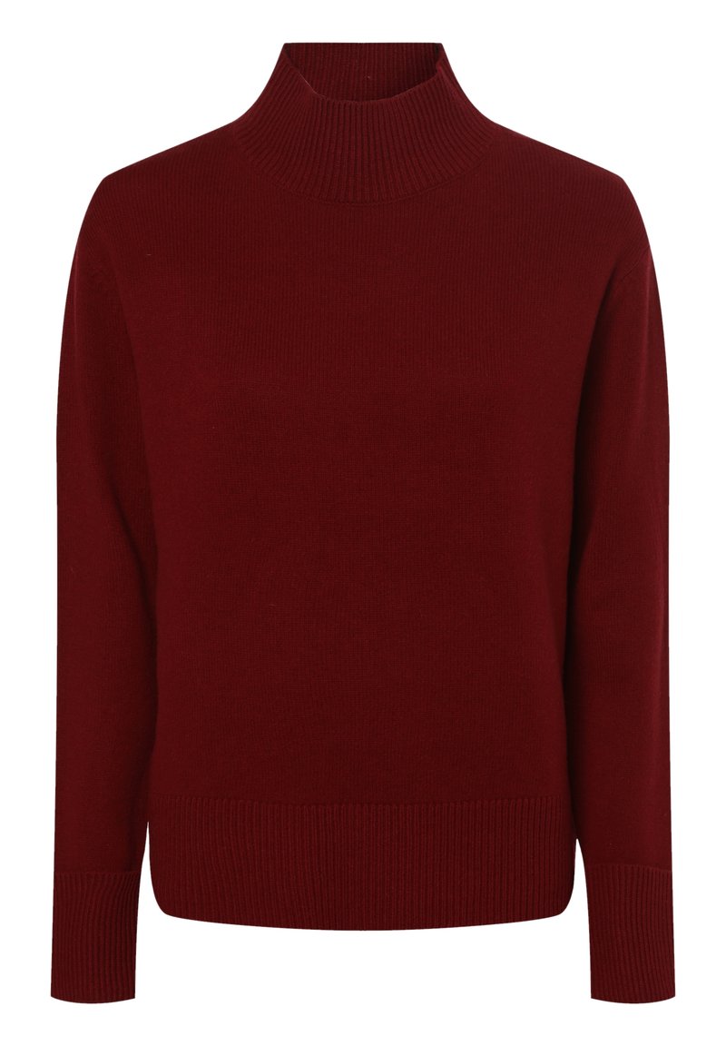 Pull col roulé bordeaux en tissu tricoté doux. Il présente un col et des poignets côtelés, avec une coupe décontractée et un design uni.