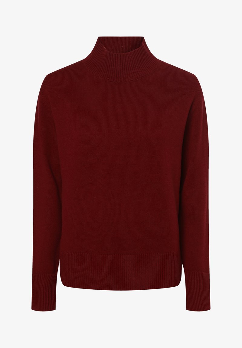 Pull col roulé bordeaux en tissu tricoté doux. Il présente un col et des poignets côtelés, avec une coupe décontractée et un design uni.
