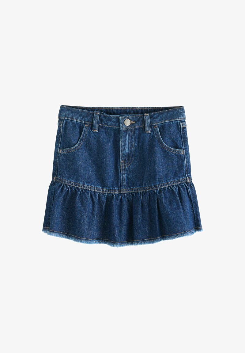 Dunkelblaue Jeansrock mit ausgestellt Rüsche am Saum, Fünf-Taschen-Design und Metallknopfverschluss an der Taille.