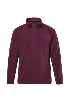 Pullover in pile a maniche lunghe di un profondo bordeaux con zip a un quarto e colletto alto, con logo discreto sul lato sinistro del petto.
