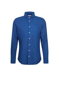 Camicia a maniche lunghe blu realizzata in tessuto liscio. Caratterizzata da una chiusura con bottoni sul davanti, colletto e orlo arrotondato. I bottoni bianchi contrastano con il colore blu.