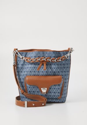 Blue patterned fabric handbag with brown leather accents and a chain strap. Features a front pocket and a detachable adjustable shoulder strap.