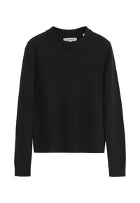Pull en tricot noir avec un col rond côtelé et des manches longues. L'ourlet et les poignets présentent des détails côtelés. Texture douce, design épuré.