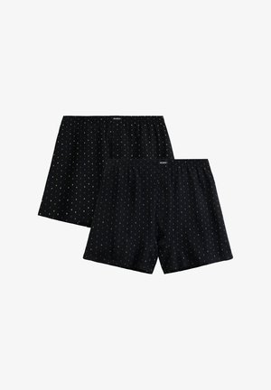 Czarne bokserki z elastycznym pasem, ozdobione małym wzorem w kropki w niebieskich i zielonych odcieniach, wykonane z miękkiego materiału bawełnianego.
