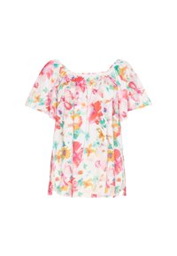 Blusa floreale con scollatura quadrata, maniche corte, realizzata in tessuto leggero nelle tonalità di rosa, arancio, giallo e verde. Presenta dettagli arricciati.