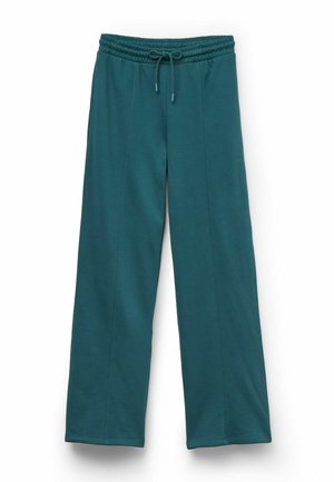 Teal wijde benen broek van zachte stof, met een gathered tailleband met een trekkoord en verticale naaddetails aan de voorkant.