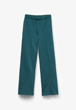 Teal wijde benen broek van zachte stof, met een gathered tailleband met een trekkoord en verticale naaddetails aan de voorkant.