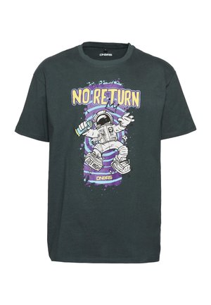 Dark green cotton t-shirt featuring a graphic of an astronaut holding a spray can. Text reads "NO RETURN" above the design.