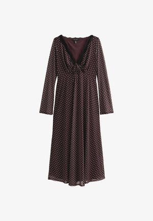 Vestito midi a maniche lunghe di colore viola scuro con pois bianchi, scollo a V profondo con rifinitura in pizzo nero e piccolo dettaglio di fiocco frontale.