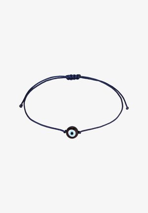 Tamsiai mėlyna virvutė apyrankė su juodu ir mėlynu akies formos karoliuku kaip centrine dalimi. Reguliuojamas mazgo uždarymas, paprastas ir minimalistinis dizainas.