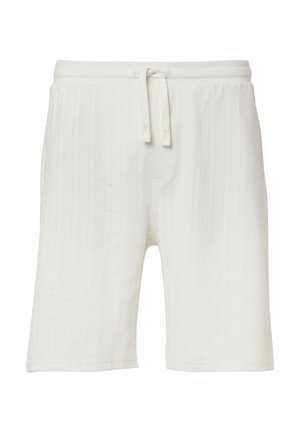 Witte knielange shorts met verticale ribbelstructuur, elastische tailleband en verstelbaar trekkoord. Eenvoudig ontwerp, geen zichtbare zakken.