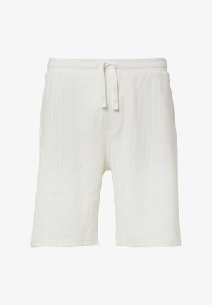 Witte knielange shorts met verticale ribbelstructuur, elastische tailleband en verstelbaar trekkoord. Eenvoudig ontwerp, geen zichtbare zakken.