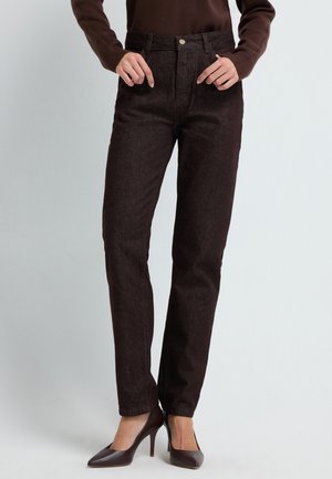 Dunkelbraune Jeans mit geradem Bein und hohem Bund. Verfügt über einen Knopfverschluss vorne und klassischen Fünf-Taschen-Stil.