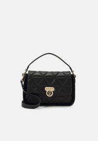 Schwarze, gesteppte Handtasche mit rechteckiger Form, ausgestattet mit einem goldenen Verschluss, abnehmbarem Tragegurt und einer strukturierten Oberfläche.
