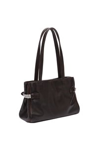 Brązowa skórzana torba typu tote z dwoma długimi uchwytami. Charakteryzuje się gładką fakturą i ozdobnymi srebrnymi akcentami po bokach. Duży, usztywniony kształt.