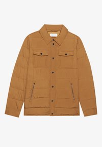 Brown quilted jacket featuring a pointed collar, two chest pockets, and two side zip pockets, with black snap buttons and a smooth texture.