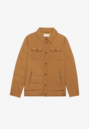 Pruunist täidisega jope, millel on terav krae, kaks rinnataskut ja kaks külgtaskut, mustade trukk-nuppudega ning sileda tekstuuriga.