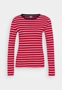 Rotes Langarm-T-Shirt mit weißen horizontalen Streifen und einem marineblauen Rundhalsausschnitt. Aus weichem Baumwollstoff gefertigt. Keine auffälligen Akzente vorhanden.