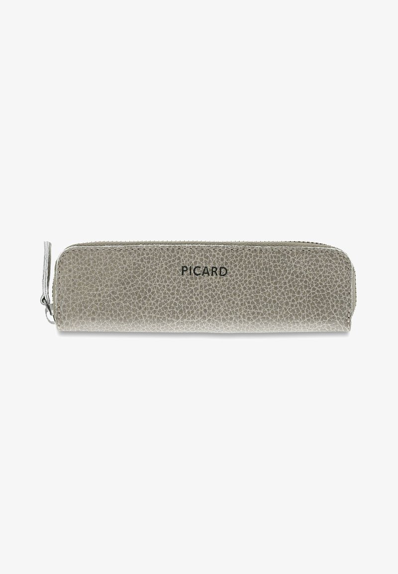 Gray leather pencil case with a cracked texture, zip closure, and black "PICARD" branding. Rectangular shape with a slim profile.