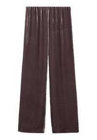 Dunkelbraune, leichte, weit geschnittene Hosen mit elastischem Bund, die eine weiche Textur und ein glattes, fließendes Design aufweisen.