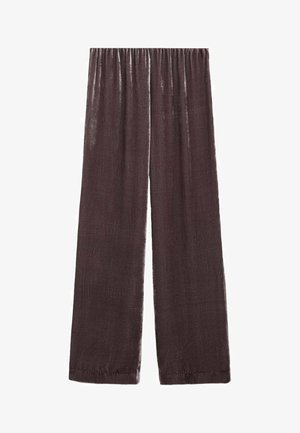 Dunkelbraune, leichte, weit geschnittene Hosen mit elastischem Bund, die eine weiche Textur und ein glattes, fließendes Design aufweisen.