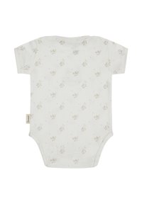 Short-sleeve baby bodysuit in soft white cotton, featuring a delicate floral pattern in beige. Classic rounded neckline and edged cuffs.