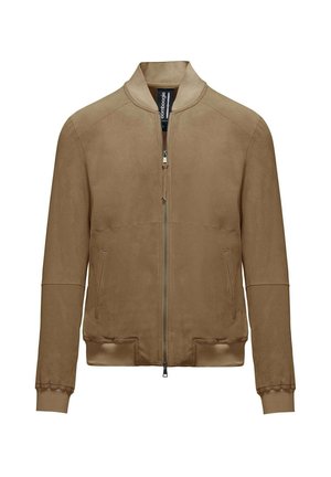 Giacca bomber in suede marrone con zip frontale, polsini e orlo a coste, due tasche laterali e colletto alto. Texture liscia in tutto il capo.