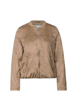 Veste bomber en daim brun avec une fermeture éclair à l'avant, un col côtelé et des poches latérales ; présente un ourlet légèrement cintré et une texture lisse.