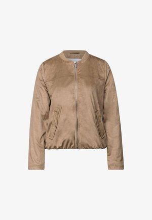 Giacca bomber in suede marrone con cerniera frontale, colletto a coste e tasche laterali; presenta un orlo leggermente arricciato e una texture liscia.