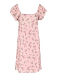 Robe rose mi-longue avec manches courtes volantées, encolure carrée et petit motif floral rose et vert.