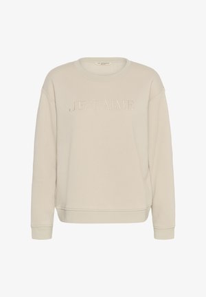 Sweat-shirt beige à manches longues avec col rond et texte texturé "JE T'AIME" brodé au centre devant.