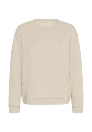Bluza bej cu mâneci lungi, gât rotund și text texturat "JE T'AIME" brodat în centrul frontal.