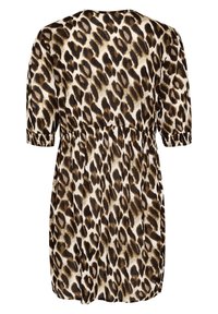 Leopardprint jurk met korte mouwen, een getailleerde taille en een losse pasvorm. Kenmerkt zich door een mix van bruin en crème in een gestructureerde stof.