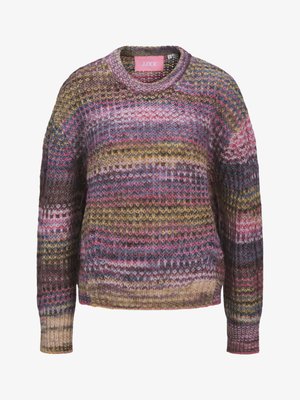 Pull en tricot avec un col rond, des rayures multicolores dans des teintes de rose, jaune et vert, et des poignets et un ourlet côtelés. Matière en mélange de coton.