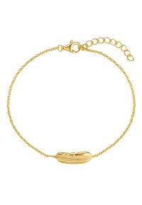 Zelta ķēdes rokassprādze ar teksturētu spalvu piekariņu. Ķēdes posmi ir savīti; aizdare ir omā kroka ar regulējamu pagarinātāju.