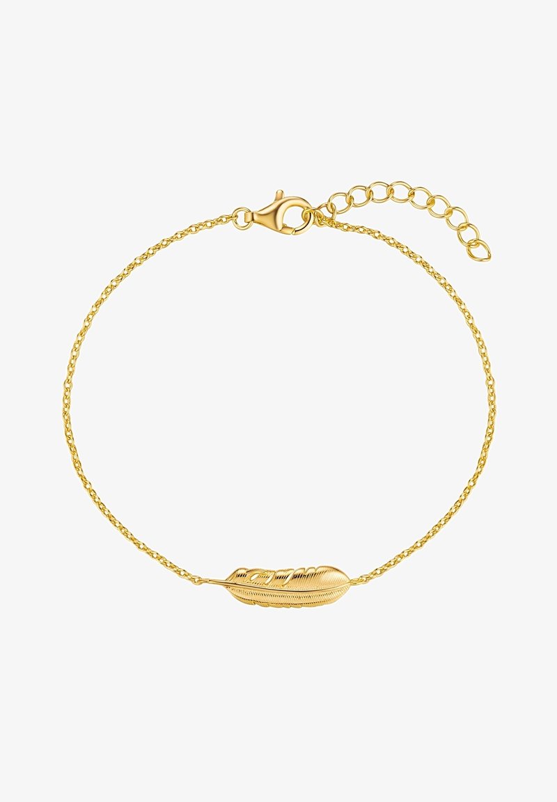 Zelta ķēdes rokassprādze ar teksturētu spalvu piekariņu. Ķēdes posmi ir savīti; aizdare ir omā kroka ar regulējamu pagarinātāju.