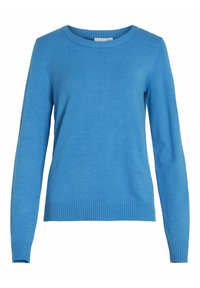 Pull bleu à col rond en tissu doux et texturé. Comprend des manches longues ainsi que des poignets et un bas côtelés pour plus de détails.