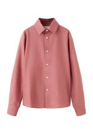 Vaaleanpunainen pitkähihainen paita, jossa on napillinen etumalli, terävä kaulus ja rento istuvuus. Valmistettu sileästä, yksivärisestä kankaasta.