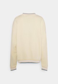 Krémový svetr s dlouhými rukávy s žebrovanými manžetami a lemem, zdobený pruhy v pastelové modré, růžové a bílé barvě, zobrazený zezadu.