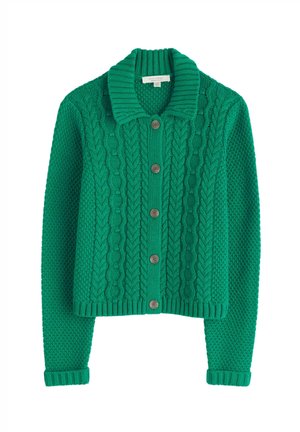 Zelený pletený kardigan s texturovaným vzorem, velkým žebrovaným límcem a pěti hnědými knoflíky na přední straně. Dlouhé rukávy a žebrované manžety.