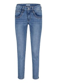 Blå denimjeans med slim fit, der har dekorative syede lommer og en enkelt knaplukning. Glat tekstur og lige ben-design.