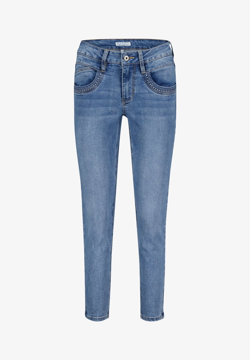 Blå denimjeans med slim fit, der har dekorative syede lommer og en enkelt knaplukning. Glat tekstur og lige ben-design.